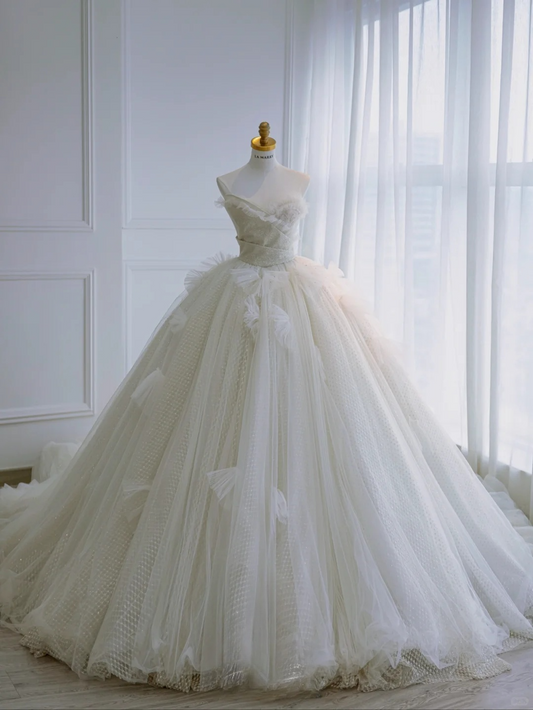 Robe de mariée longue élégante en tulle et sequins, sans bretelles, C4394