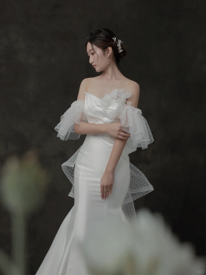Jolie robe de mariée sirène longue en satin et tulle, épaules dénudées, C4396