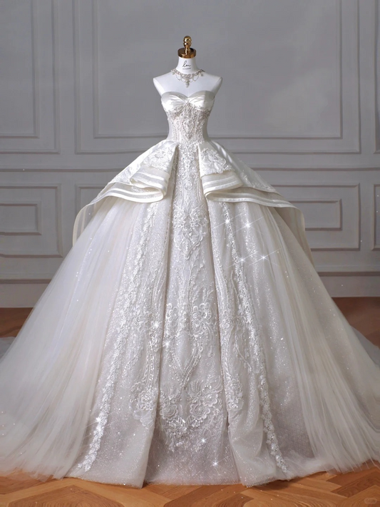 Robe de mariée longue en satin, tulle et dentelle, sans bretelles, style bal intemporel, C4398