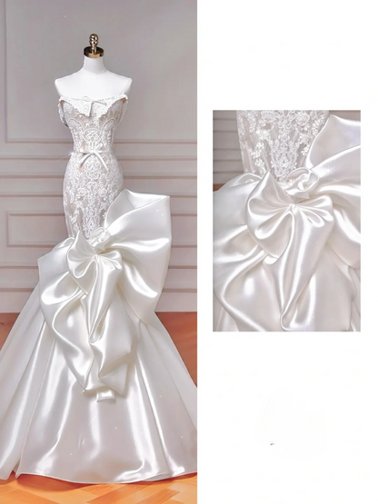 Superbe robe de mariée sirène longue en satin et dentelle, sans bretelles, C4399