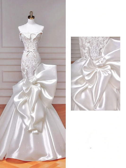 Superbe robe de mariée sirène longue en satin et dentelle, sans bretelles, C4399