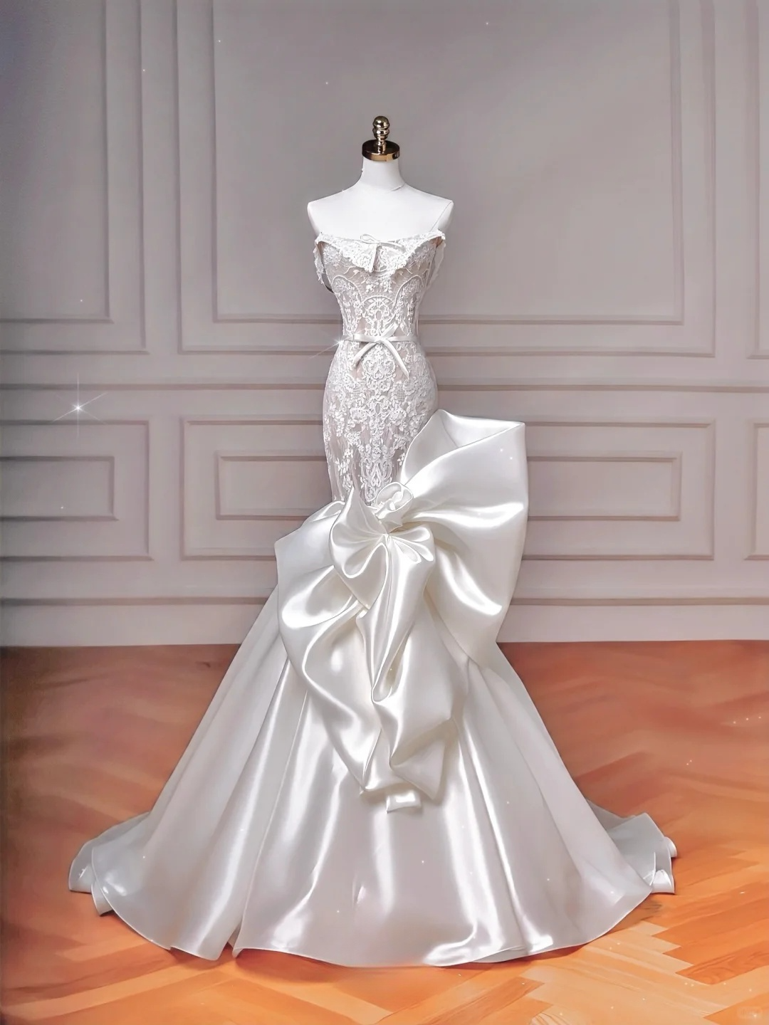 Superbe robe de mariée sirène longue en satin et dentelle, sans bretelles, C4399