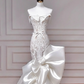 Superbe robe de mariée sirène longue en satin et dentelle, sans bretelles, C4399