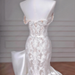 Superbe robe de mariée sirène longue en satin et dentelle, sans bretelles, C4399