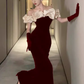 Robes de bal sexy sirène en velours bordeaux avec gants C43