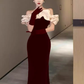 Robes de bal sexy sirène en velours bordeaux avec gants C43