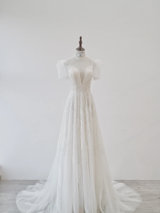 Robe de mariée princesse trapèze en tulle et sequins, sans manches, longue, noire, C4400