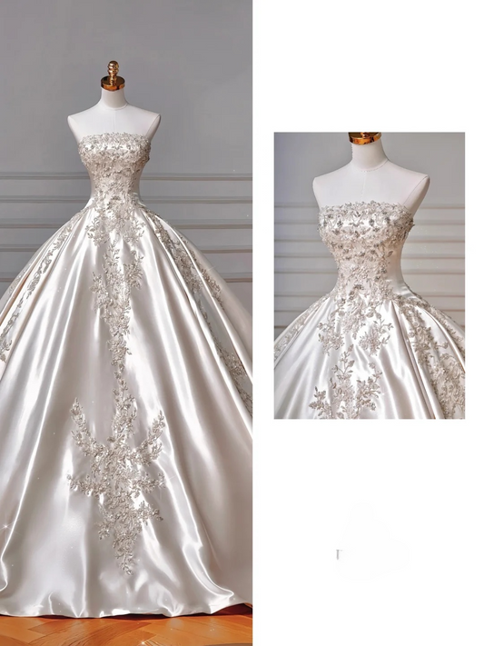 Superbe robe de mariée longue en satin, sans bretelles, à sequins et perles, C4403