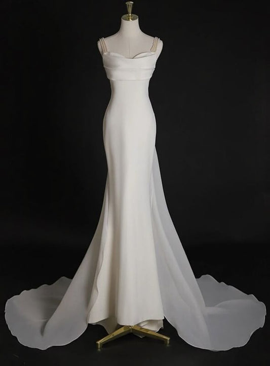 Robe de mariée longue en satin et mousseline de soie, simple et élégante, style sirène, bretelles spaghetti, C4404