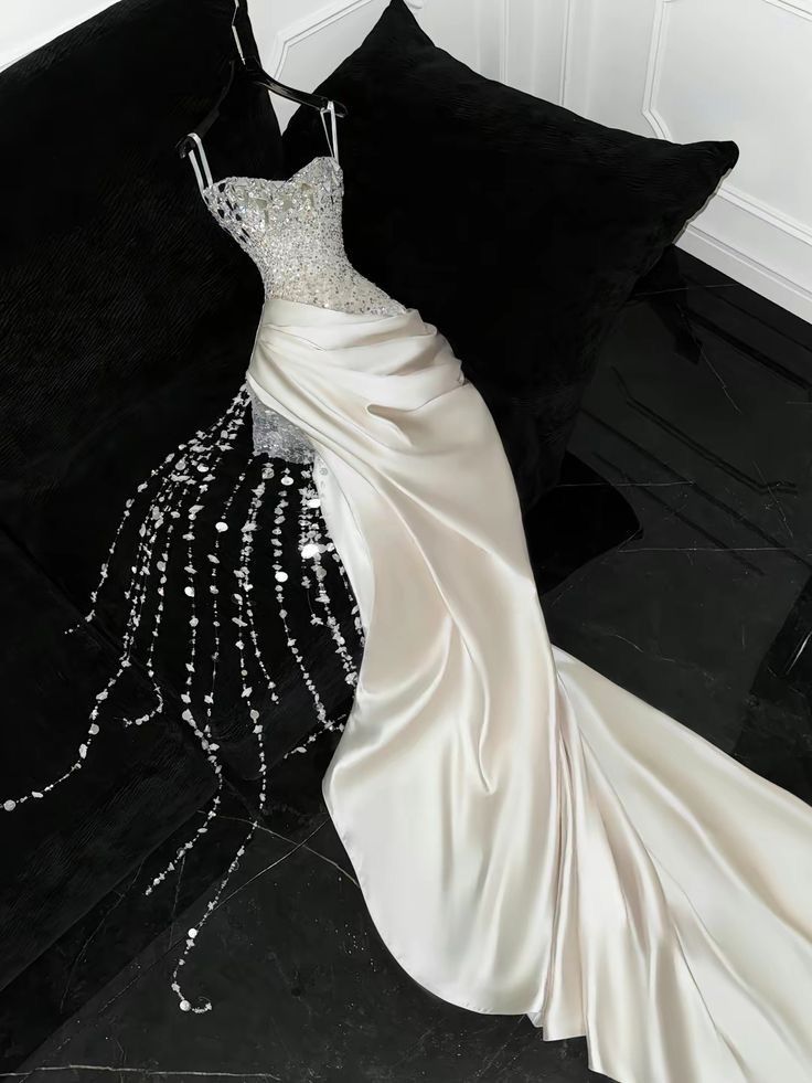 Gorgeous Mermaid Spaghetti Straps Satin Sequin Beads Long Wedding Dres –  BlingDress