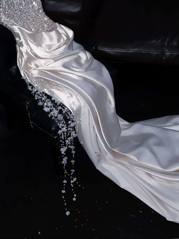 Gorgeous Mermaid Spaghetti Straps Satin Sequin Beads Long Wedding Dresses C4406