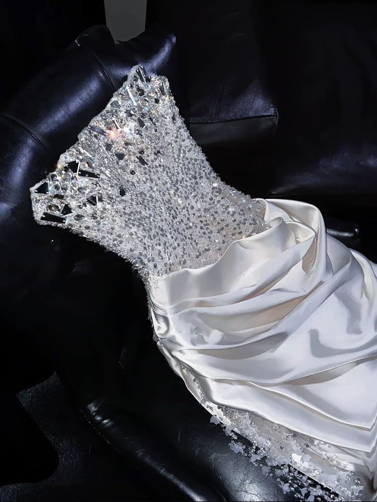 Gorgeous Mermaid Spaghetti Straps Satin Sequin Beads Long Wedding Dresses C4406