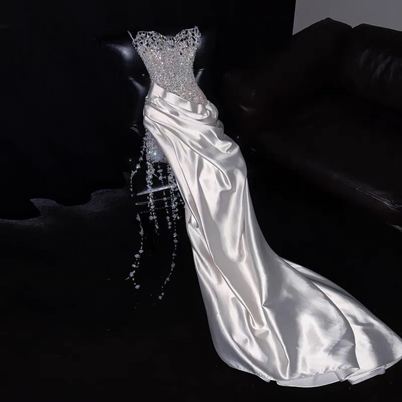 Gorgeous Mermaid Spaghetti Straps Satin Sequin Beads Long Wedding Dresses C4406