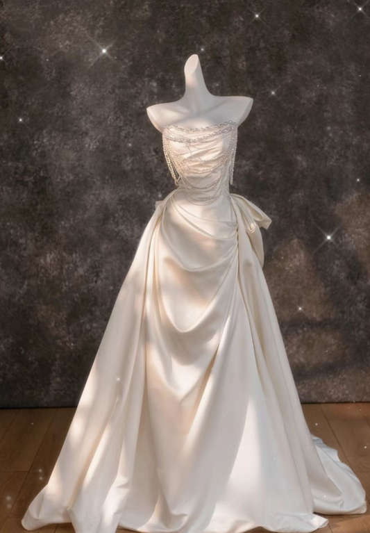 Robe de mariée longue en satin, coupe trapèze, sans bretelles, effet perles, C4424