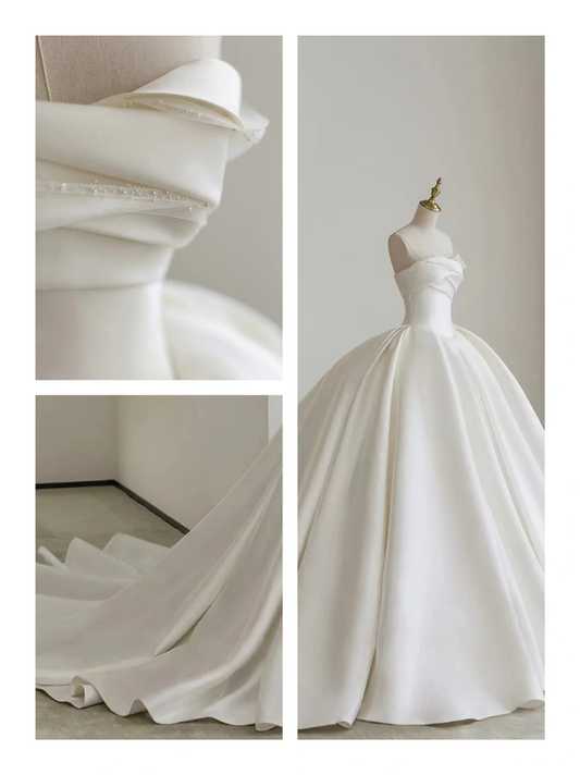 Robe de mariée longue en satin, tulle et perles, sans bretelles, style bal intemporel, C4429