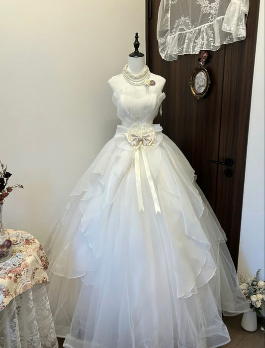 Robe de mariée longue style vintage, sans bretelles, en satin, mousseline de soie, tulle, nœud, C4432