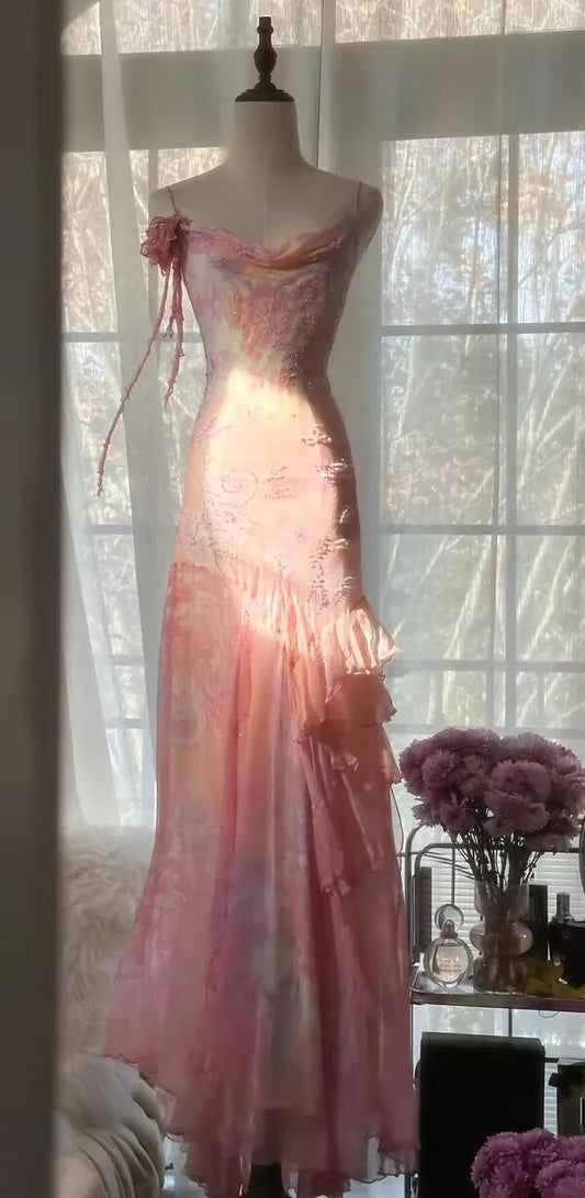 Special Mermaid Spaghetti Straps Chiffon Printed Beads Long Prom Dresses Formal Dress C4437
