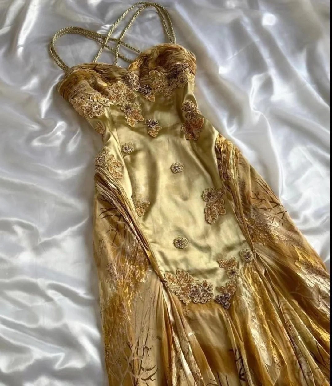 Robe de bal longue en satin à bretelles spaghetti et imprimé floral, coupe trapèze, C4438