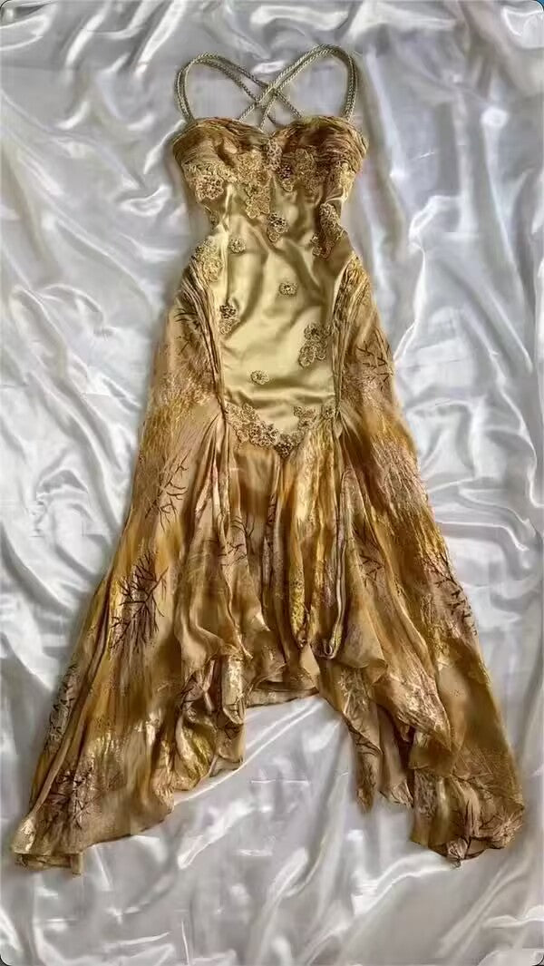 Robe de bal longue en satin à bretelles spaghetti et imprimé floral, coupe trapèze, C4438
