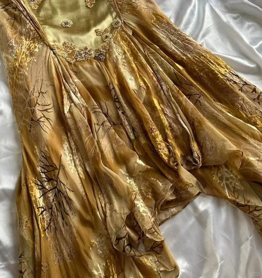 Robe de bal longue en satin à bretelles spaghetti et imprimé floral, coupe trapèze, C4438