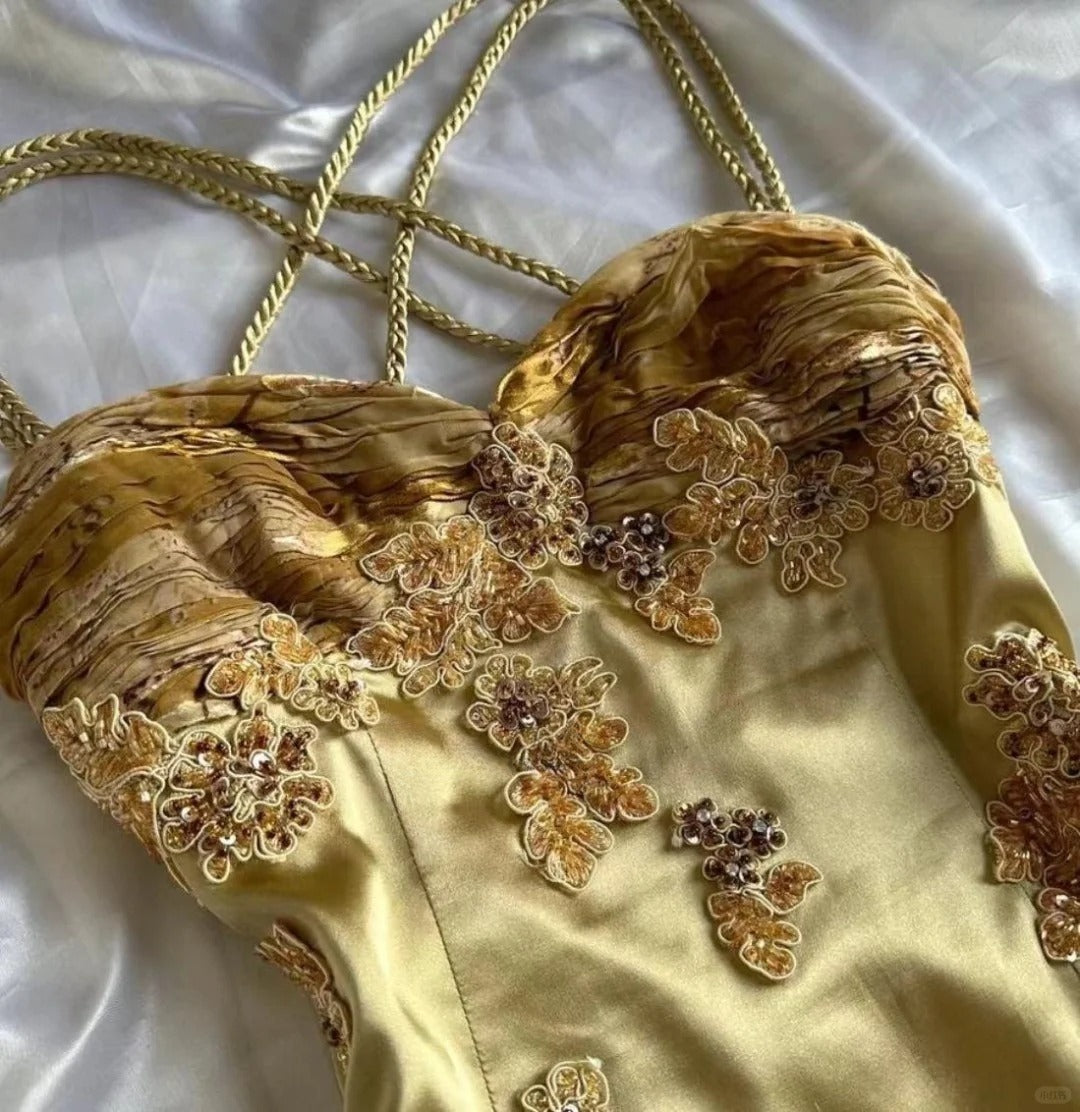 Robe de bal longue en satin à bretelles spaghetti et imprimé floral, coupe trapèze, C4438