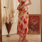 Robe de bal longue sexy sirène à bretelles spaghetti en mousseline de soie, imprimé fleurs et perles, C4439