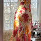 Robe de bal longue sexy sirène à bretelles spaghetti en mousseline de soie, imprimé fleurs et perles, C4439