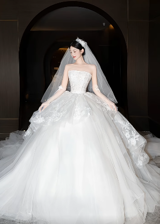Robe de mariée longue en tulle blanc, bustier, avec voile et gants, style rêveur, C4442