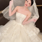 Robe de mariée longue en tulle blanc, bustier, avec voile et gants, style rêveur, C4442