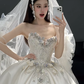 Timeless Ball Gown Strapless Satin Sequin Beads With Veil Long Wedding Dresses C4443
