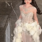 Robe de mariée longue sirène unique en tulle à paillettes et fleurs C4447