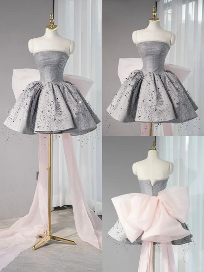 Pretty Gray Ball Gown Strapless Satin Sequin Back With Bow Short Homecoming Dress 16th Birthday Outfits C4450