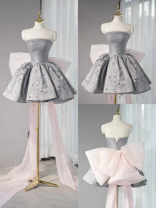 Pretty Gray Ball Gown Strapless Satin Sequin Back With Bow Short Homecoming Dress 16th Birthday Outfits C4450