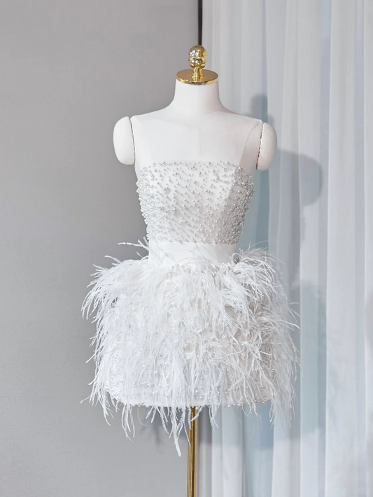 Sweet White Mermaid Strapless Satin Beads Feather Short Homecoming Dress 16th Birthday Outfits C4451
