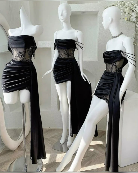 Chic Mermaid Off The Shoulder Black Satin Lace Short Homecoming Dress 20th Birthday Outfits C4452