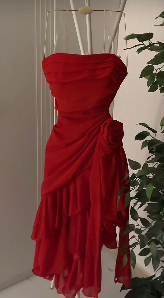 Red A Line Strapless Chiffon Short Homecoming Dress 18th Birthday Outfits C4456
