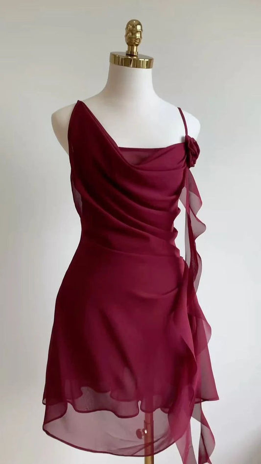 Burgundy A Line Spaghetti Straps Chiffon Ruffles Short Homecoming Dress 18th Birthday Outfits C4457
