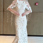Superbe robe de mariée sirène longue en tulle et dentelle avec appliques et voile C4468