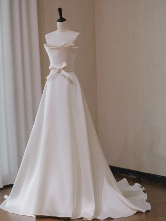 Robe de mariée longue en satin, coupe trapèze, sans bretelles, avec nœud, C4480