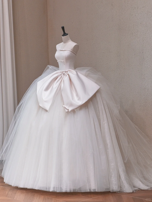 Robe de mariée longue en satin et tulle, sans bretelles, style bal intemporel, C4482