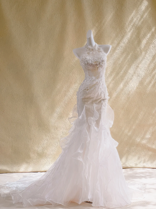 Robe de mariée longue en satin et tulle, style sirène, dos nu, perles, C4491