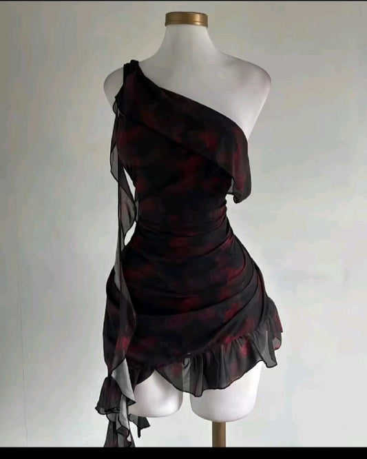 Pretty Mermaid One Shoulder Chiffon Printed Ruffles Short Homecoming Dress 16th Birthday Outfits C4514