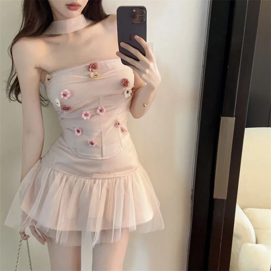 Fairy A Line Strapless Satin Tulle Applique Short Homecoming Dress 18th Birthday Outfits C4523
