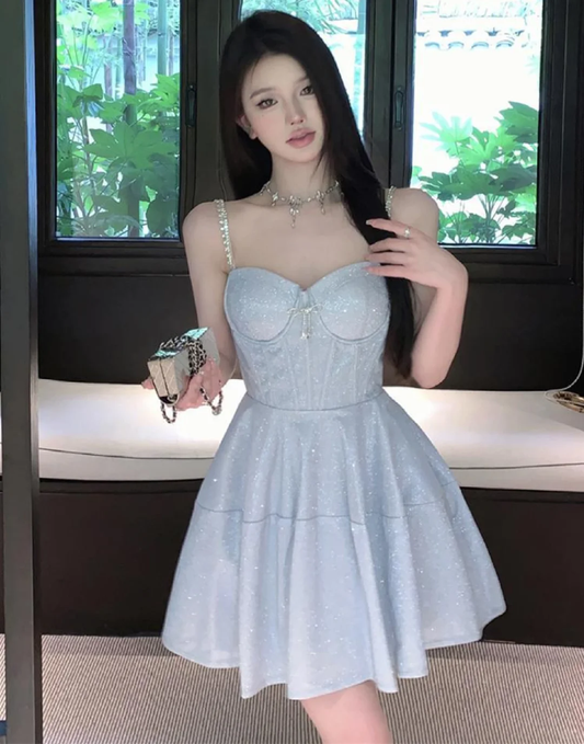 Sweet A Line Spaghetti Straps Satin Sequin Short Homecoming Dress 16th Birthday Outfits C4528