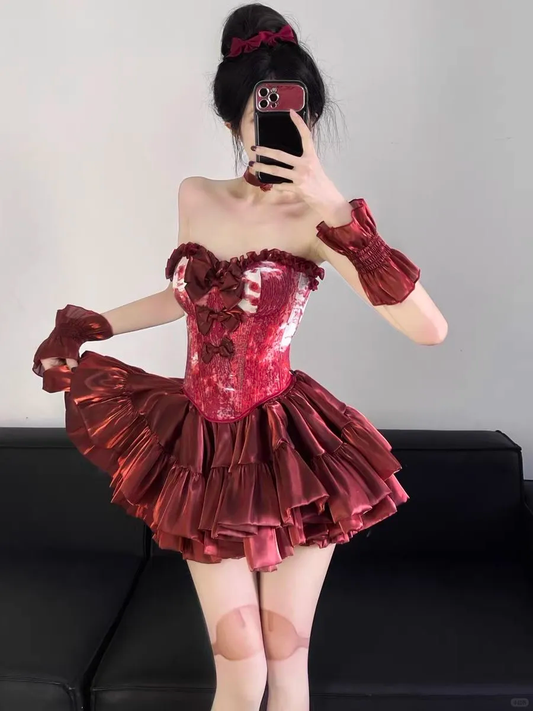 Chic Ball Gown Strapless Burgundy Satin Short Homecoming Dress 16th Birthday Outfits C4529
