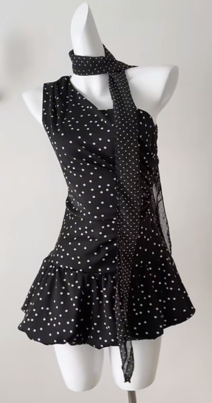 Sweet 16th Black A Line One Shoulder Satin Polka Dots Short Homecoming Dress Birthday Outfits C4550