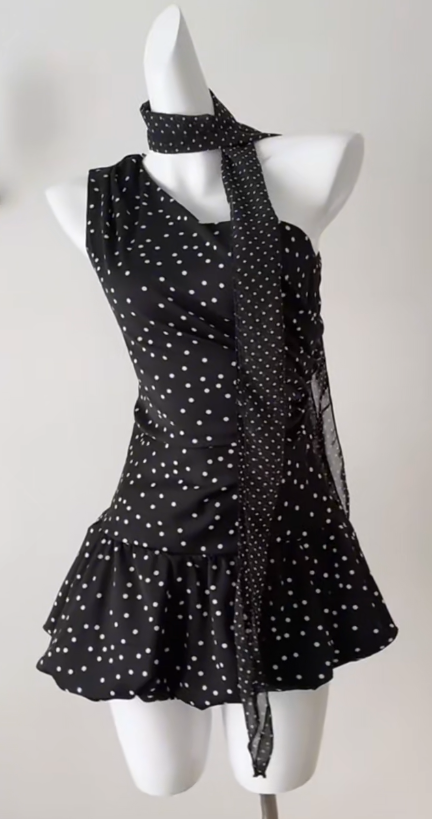 Sweet 16th Black A Line One Shoulder Satin Polka Dots Short Homecoming Dress Birthday Outfits C4550