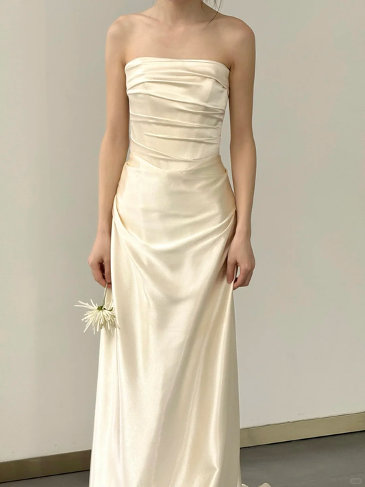 Robe de mariée longue plissée en satin, simple et élégante, style sirène, sans bretelles, C4553