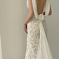 Robe de mariée longue en satin et dentelle, style sirène, col en V, dos nu, C4555