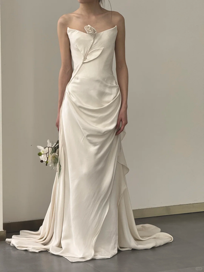Robe de mariée longue en satin à fleurs, style sirène, sans bretelles, chic, C4557